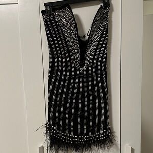Fashion Nova Black and Silver Beaded Backless Dress